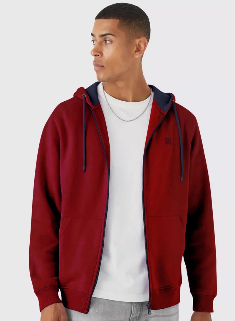Urbano Fashion Men's Maroon, Navy Cotton Zippered Hooded Sweatshirt